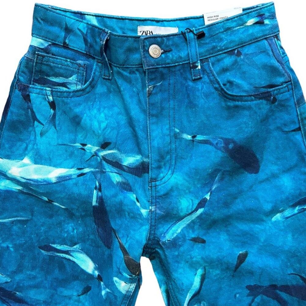 NWT ZARA Sea Life High Rise Straight Fit Jeans in Ocean Blue  SZ 0